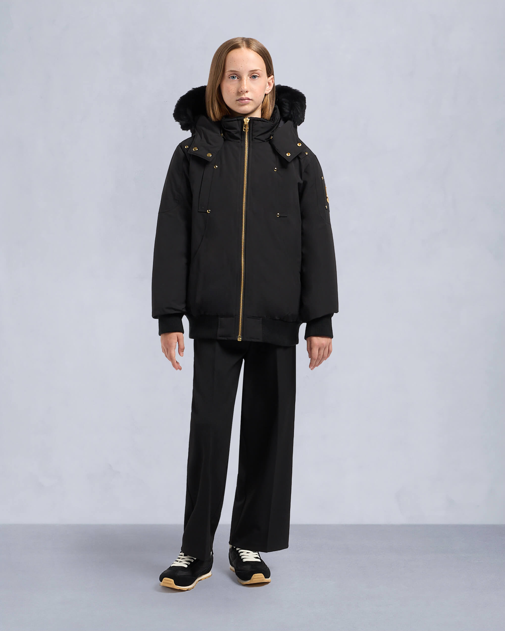 Moose Knuckles - M32UB035GS - Kids  Unisex Original Gold Series Shearling Trim Bomber Jacket - KIDS - Black / Black Shearling - Front Category
