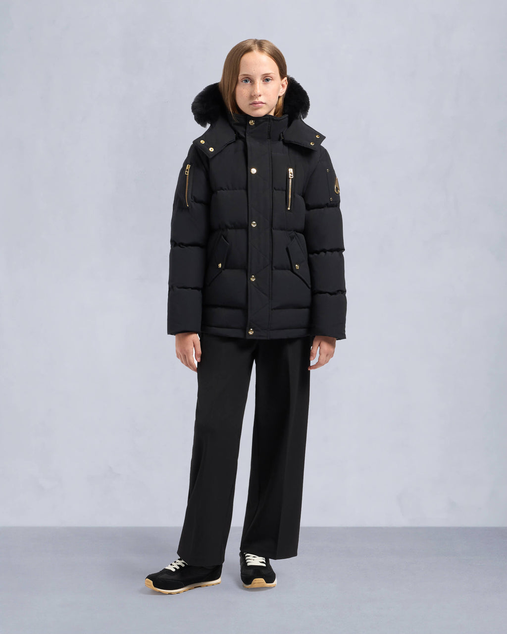 Moose Knuckles - M32UJ193GS - Kids  Unisex Original Gold Series Shearling Trim 3Q Jacket - KIDS - Black / Black Shearling - Front Category