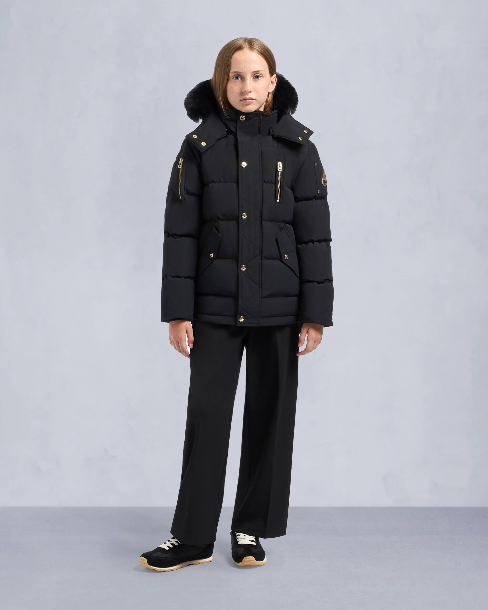 Moose Knuckles - M32UJ193GS - Kids  Unisex Original Gold Series Shearling Trim 3Q Jacket - KIDS - Black / Black Shearling - Front Category